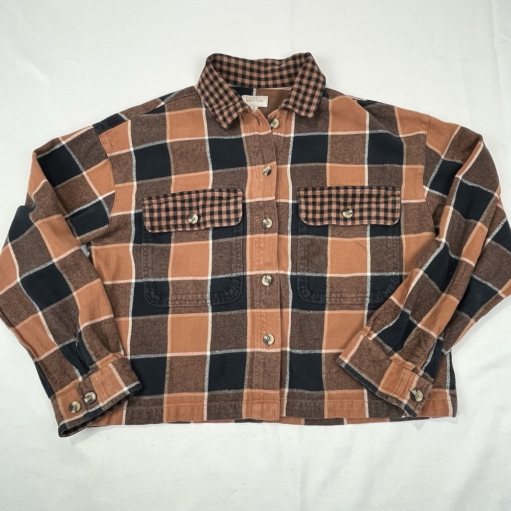Brixton Bowery Plaid Cropped Cotton Flannel Shirt Shacket Size S